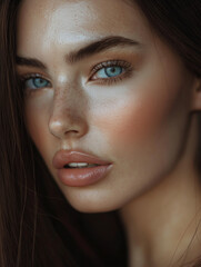 Fototapeta premium Lifestyle-Influencerin, makellos geschminkt, gepflegtes Haar, professionelles Portrait, Instagram-Style, natürliches Licht, Social Media Content
