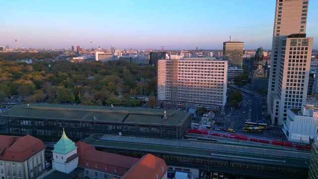 Berlin station zoologischer garten, sunset. Stunning aerial view flight drone