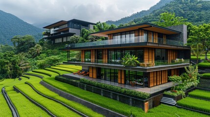 Obraz premium A beautiful modern home with minimalist design elements, located in the heart of Thailand's agricultural countryside, with farmers working in the fields