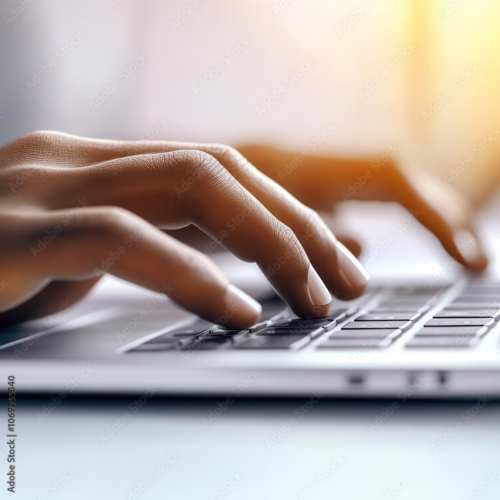 Poster a close-up of hands typing on a laptop keyboard, highlighting productivity and technology in a moder