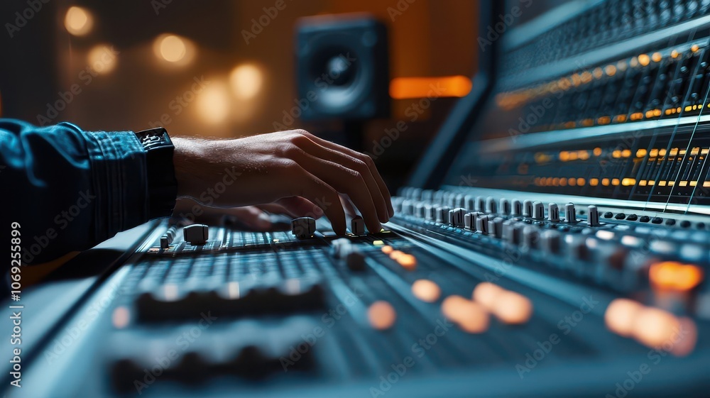 Aufkleber a close-up of a hand adjusting controls on a professional audio mixing console in a studio, surround