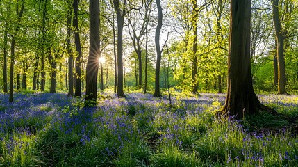 Obraz premium Tranquil forest adorned with a carpet of bluebells, where tall trees with fresh green leaves rise majestically