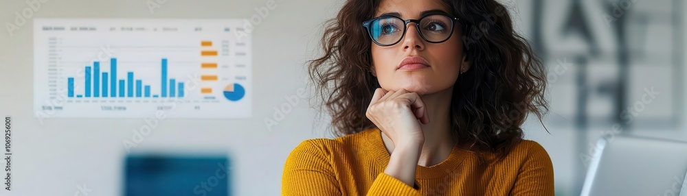 Poster description:** a thoughtful woman analyzes data while focusing on a chart displayed on the screen, s