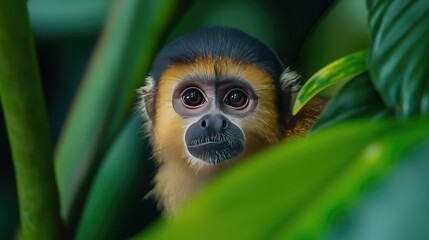 Fototapeta premium A close-up encounter with a gentle monkey amidst vibrant foliage in its natural habitat