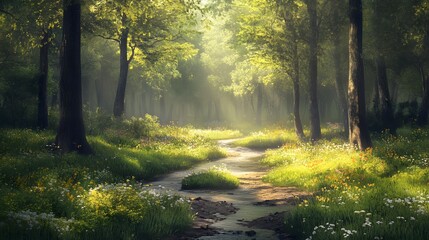 Obraz premium Tranquil forest glade featuring a babbling brook winding through wildflowers and tall trees providing a canopy of shade. This serene scene is a perfect retreat into nature's calm.