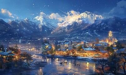 Beneath a starry sky, a radiant comet shines on Bethlehem, illuminating the nativity of baby Jesus in a peaceful, festive atmosphere reminiscent of Christmas blessings