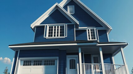 Obraz premium Modern Blue House Against Clear Sky with Vibrant White Trim and Spacious Garage in Suburban Setting