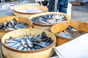 Fresh Sardines Layered in Large Wooden Barrels at the Market