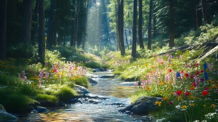 Obraz premium Tranquil forest glade featuring a babbling brook winding through wildflowers and tall trees providing a canopy of shade. This serene scene is a perfect retreat into nature's calm.