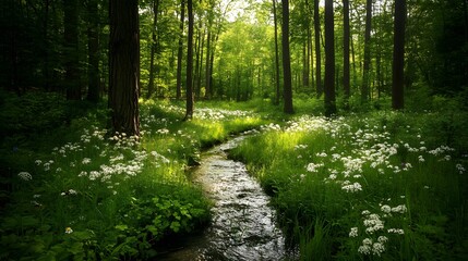 Fototapeta premium Tranquil forest glade featuring a babbling brook winding through wildflowers and tall trees providing a canopy of shade. This serene scene is a perfect retreat into nature's calm.