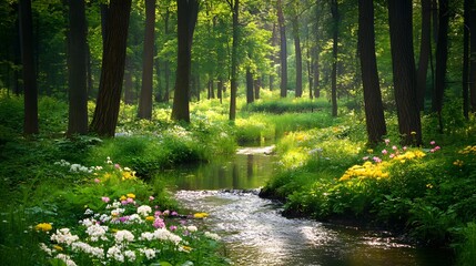 Tranquil forest glade featuring a babbling brook winding through wildflowers and tall trees providing a canopy of shade. This serene scene is a perfect retreat into nature's calm.