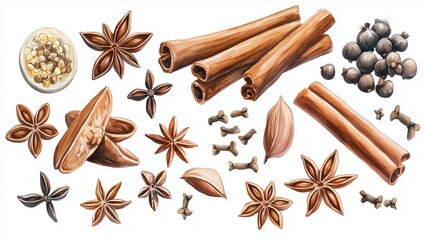 A variety of aromatic spices including star anise, cinnamon sticks, and cloves arranged on a white background for culinary use