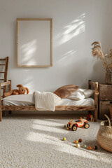 Mockup of a blank white poster frame on the wall in a mid century modern nursery room with bed, carpeted floor, toys.
