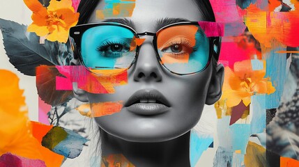 A woman with colorful glasses and flowers around her face.