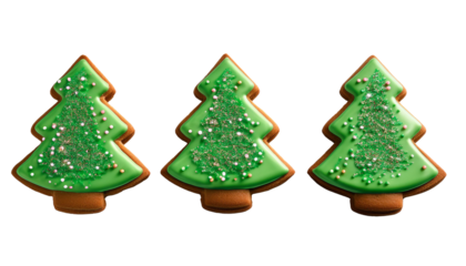 set of gingerbread ookies shaped green christmas trees isolated on transparent background png