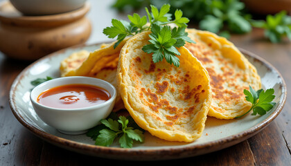 Delicious homemade flatbreads served with a spicy dipping sauce on a rustic wooden table with fresh herbs