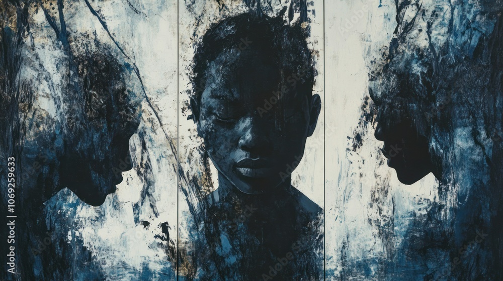 Poster a striking triptych featuring abstract human forms, emphasizing identity and emotion.