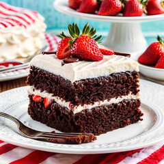 Cake is a delicious chocolate dessert, strawberry cream and strawberries