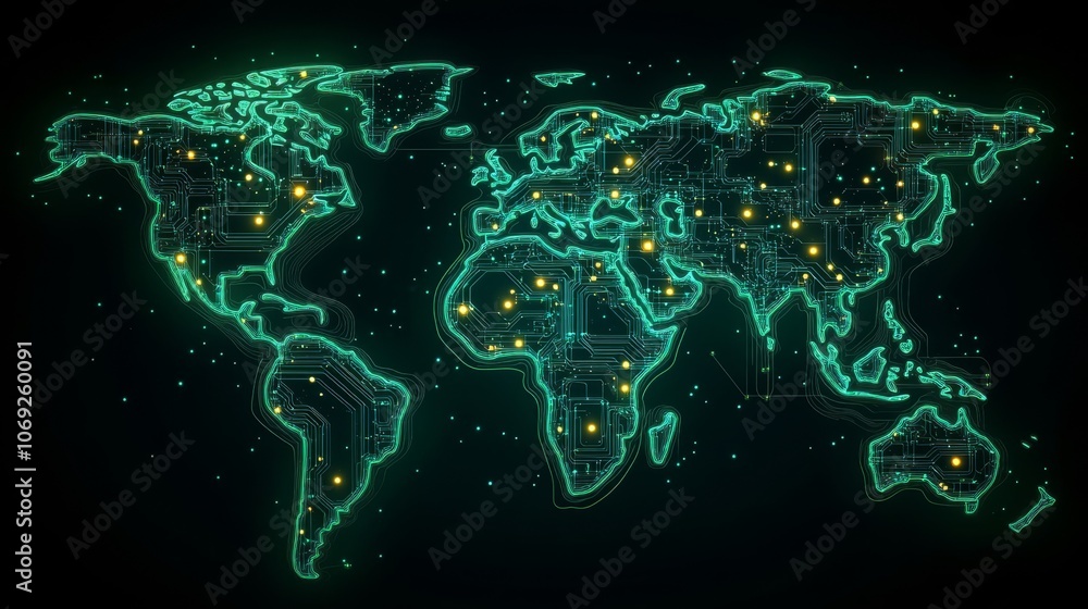 Poster digital world map with circuit board design and glowing lights
