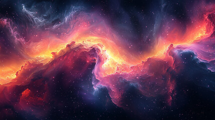 vibrant swirling nebula clouds in a surreal cosmic dance, showcasing a spectrum of reds and purples across the galaxy