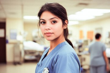 Fototapeta premium Young nurse in scrubs standing in hospital hallway, representing dedication, professionalism, and compassion in healthcare. 