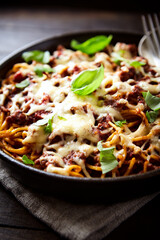 Baked spaghetti pasta with mozzarella cheese. Wooden background. Close up. 