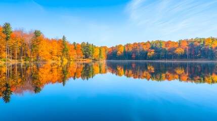 Obraz premium Tranquil lake bordered by vibrant autumn trees, their rich hues perfectly mirrored in the calm water. The scene captures the serene beauty of fall with a stunning reflection.