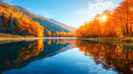 Fototapeta premium Tranquil lake bordered by vibrant autumn trees, their rich hues perfectly mirrored in the calm water. The scene captures the serene beauty of fall with a stunning reflection.