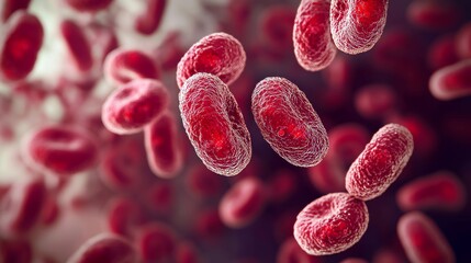 Microscopic view of red blood cells floating in a three-dimensional space, highlighting their vital role in human physiology and health in a vibrant display.