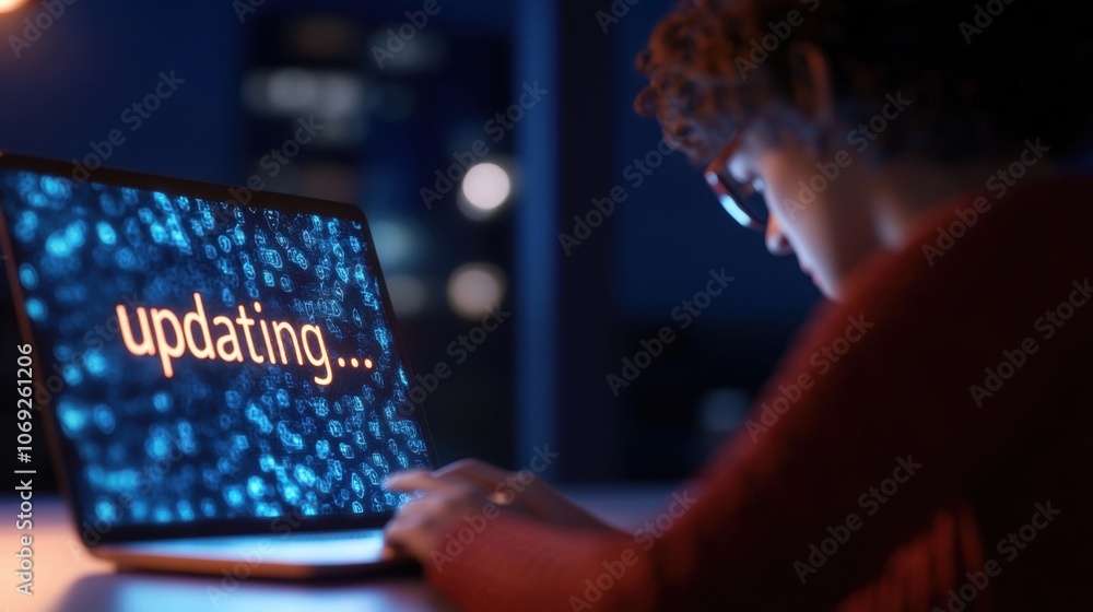 Poster person using laptop with updating text on screen in dark room