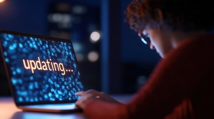 person using laptop with updating text on screen in dark room