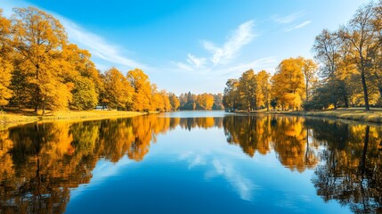 Obraz premium Tranquil lake bordered by vibrant autumn trees, their rich hues perfectly mirrored in the calm water. The scene captures the serene beauty of fall with a stunning reflection.
