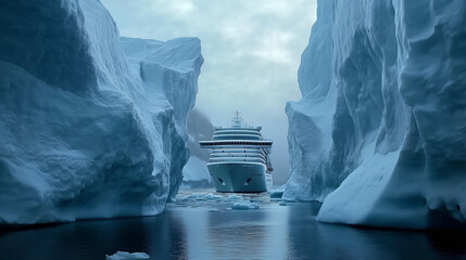 Cruise Ship Journeying Through Majestic Towering Icebergs in a Calm, Mysterious Arctic Scene. Image made using Generative AI.