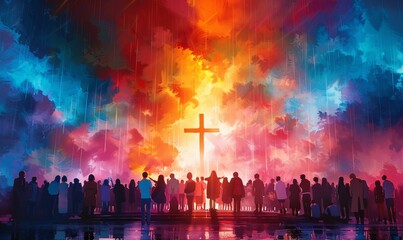 A vibrant gathering of believers fills the church, with arms lifted in worship and prayer directed at the cross. The atmosphere radiates joy and faith on Good Friday