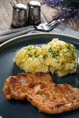 Pork chop served with mashed potatoes and cucumber salad.