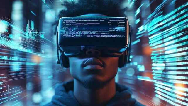A black guy experiences immersive virtual reality surrounded by digital environment, showcasing tech advancements and excitement