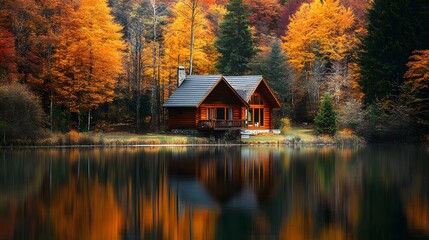 Fototapeta premium Tranquil lakeside cabin nestled in a dense forest, with a calm lake mirroring the vibrant autumn colors of the surrounding trees. An idyllic retreat offering serene natural beauty and reflection.