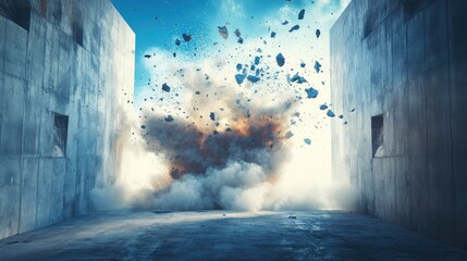 A dramatic explosion occurs between two concrete walls, creating a cloud of dust and debris.