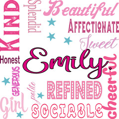Emily - written proper name surrounded by adjectives. modern vector graphics - quarcode style - pink color - ideal for sublimation, cards,