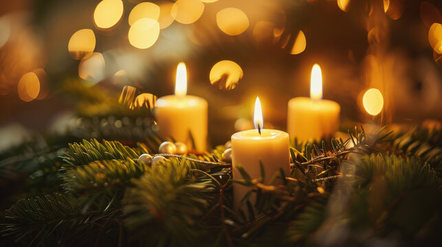Traditional Advent wreath with lit candles, evergreen branches and Christmas decorations