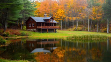 Fototapeta premium Tranquil lakeside cabin nestled in a dense forest, with a calm lake mirroring the vibrant autumn colors of the surrounding trees. An idyllic retreat offering serene natural beauty and reflection.