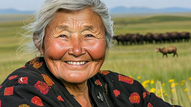 A woman smiles brightly in a field, a herd of animals grazing in the distance