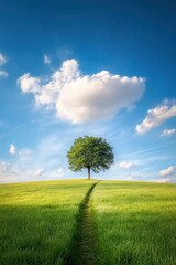 Serene landscape with a lone tree on a grassy hill under a cloudy blue sky