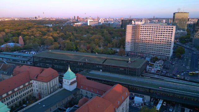 Berlin station zoologischer garten, sunset. Fabulous aerial view flight drone