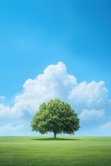 Lone tree in a lush green field under a blue cloudy sky