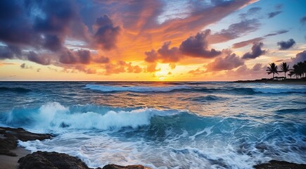 Naklejka premium sunset over the ocean, sunset over the sea, fantastic sunset scene over the ocean, sun reflection on the lake, golden time