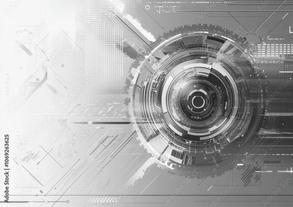 Poster abstract futuristic technology background with gears and arrows illustration, gray color scheme, whi