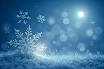 Beautiful winter scene with delicate snowflakes in a frosty landscape under moonlight, capturing the serene beauty and magic of a snowy night