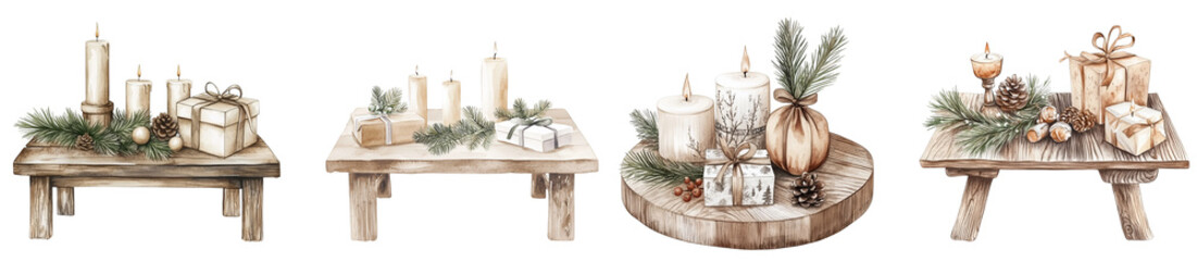Rustic table decorations with candles and presents on transparent background
