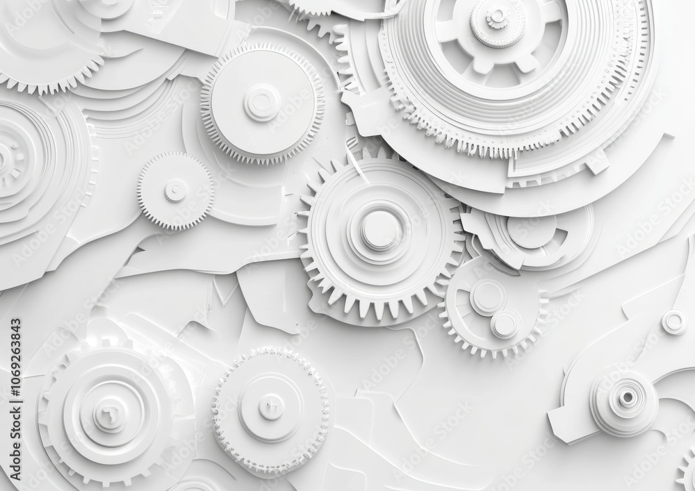 Poster abstract background with gears and high-tech elements, a white illustration on a grey backdrop for a
